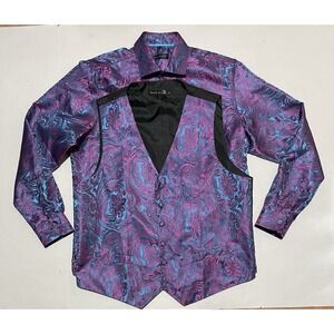 Barry Wang Mens Large Purple Blue Paisley Silk Blend Formal Suit Vest Shirt Set